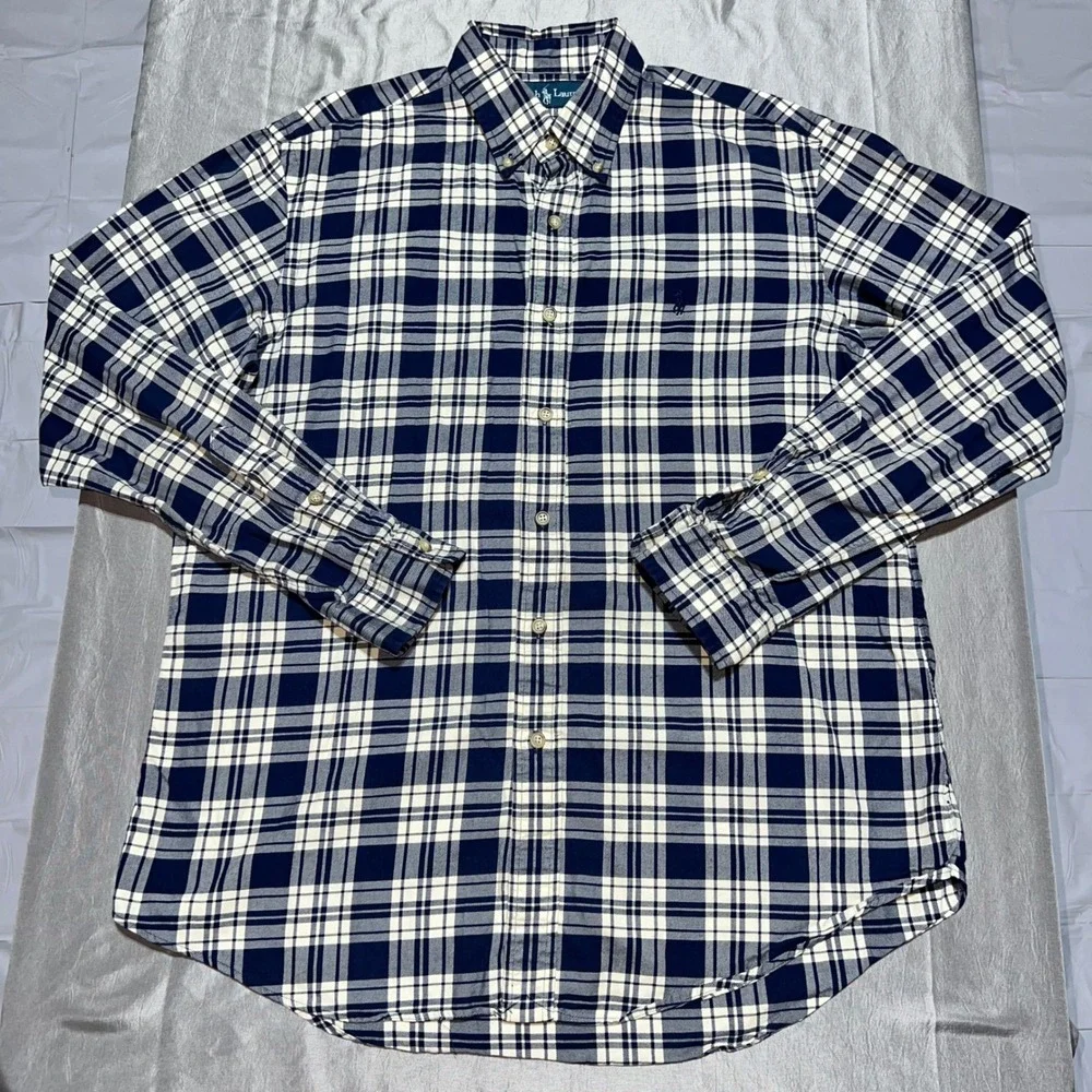 Pony Polo Ralph Lauren Mens Large Navy White Plaid Cotton Button Down Shirt Sz L